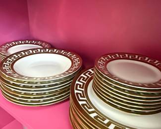 German White & Gold Porcelain Greek Key Dinnerware Set