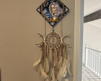 Goddess and Wolf Dreamcatcher Wall Hanging with Triple Moon Symbol