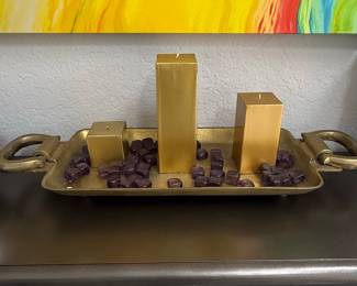 Brass Decorative Tray with Gold Candles and Amethyst Tumbled Stones