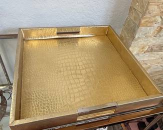 Gold Faux Crocodile Embossed Serving Tray with Metal Handles