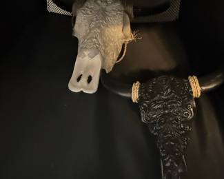 Set of Two Ornate Carved Bull Skulls Wall Decor