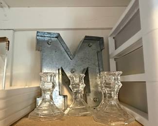 Set of Three Clear Glass Candlesticks with Hexagonal Base