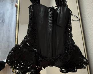 Black Faux Leather and Lace Corset Dress with Ruffled Lace Trim