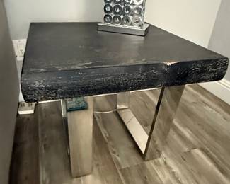 Modern Black Live-Edge Wood and Polished Metal End Table