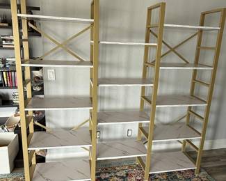 Gold Metal Ladder Bookshelf with White Marble-Pattern Shelves