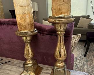 Pair of Distressed Gold-Tone Candlesticks with Textured Candle Holders