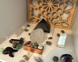 Assorted Crystal and Mineral Collection with Decorative Screen