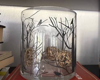Glass Hurricane Candle Holder with Black Forest and Bird Design