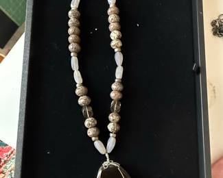 Smoky Quartz and Agate Druzy Pendant Necklace with Moonstone and Jasper Beads