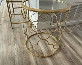 Gold Metal and Glass Round Side Table with Quatrefoil Base