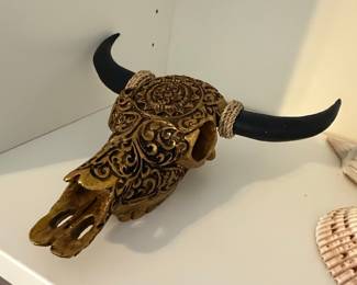 Ornate Gold Finish Carved Bull Skull