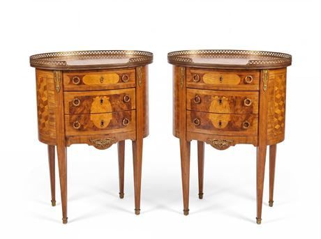 Pair of Louis XVI Style Marquetry Oval Side Tables