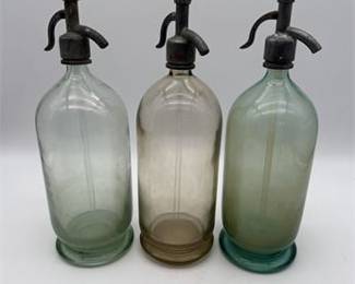Two Vintage Seltzer Siphon Bottles, Green and Amber Glass