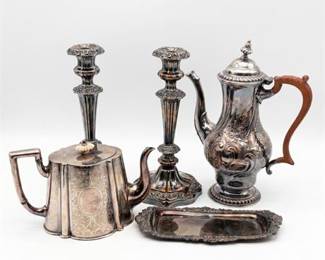 Silver Plate Coffee Pot, Teapot, Candlesticks and Tray