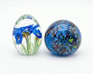 Two Art Glass Paperweights, Blue Floral and Spatter
