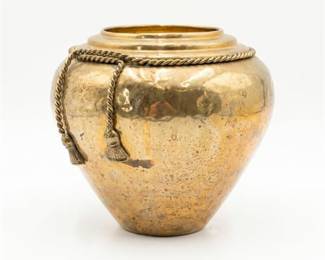 Hammered Brass Jardiniere with Rope and Tassel Motif