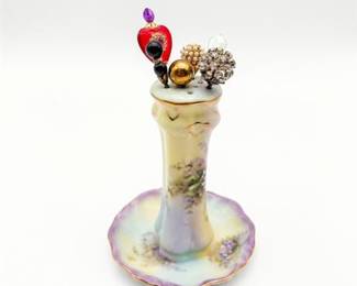 Porcelain Hat Pin Holder with Six Antique Hat Pins