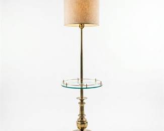 Brass Floor Lamp with Glass Tray Table and Drum Shade
