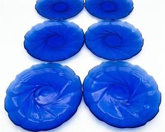 Cobalt Blue Swirl Glass Plates with Scalloped Rims