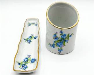 Limoges Forget-Me-Not Pen Tray and Pencil Cup