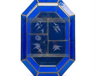Octagonal Brass Curio with Cobalt Glass and Etched Door