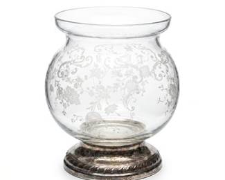 Etched Glass Ivy Ball Vase on Silver Pedestal