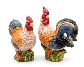 Pair of Hand-Painted Ceramic Rooster and Hen Figurines