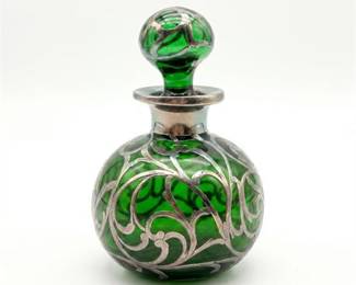 Art Nouveau Silver Overlay Green Glass Perfume Bottle