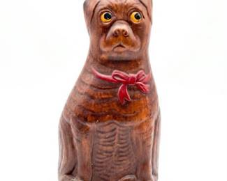 Figural Pug Dog with Glass Eyes and Red Ribbon Bow