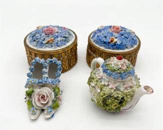 Flower-Encrusted Porcelain Boxes, Slipper, Teapot