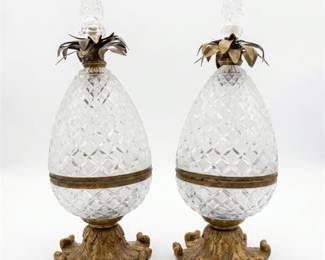 Pair of French Cut Crystal Pineapple Boxes on Gilt Bronze