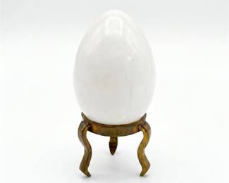 Carved White Stone Egg on Brass Tripod Stand
