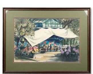 Signed Watercolor of an Outdoor Flower Market