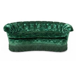 Hollywood Regency Curved Sofa in Green Damask