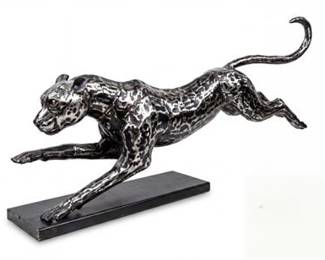 Welded Metal Running Big Cat Sculpture on Plinth