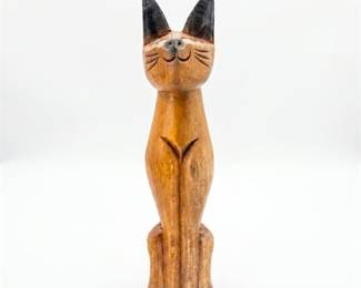 Hand-Carved Wood Stylized Sitting Cat Figurine