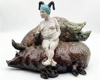 Helen Gorsuch Raku Sculpture of Faun on Boars