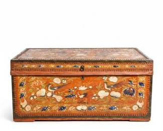 Chinese Export Painted Hide Trunk with Phoenixes
