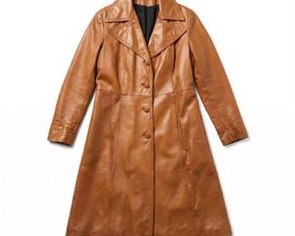 1970s Tan Leather Belted Trench Coat with Wide Lapels