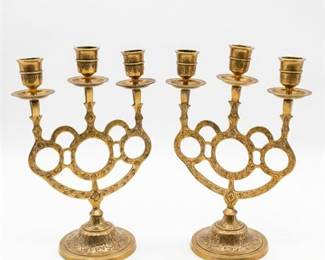 Pair of Engraved Brass Three-Light Candelabra, India