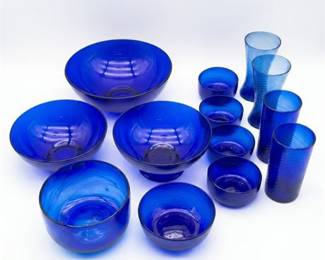 Cobalt Blue Glass Bowls and Swirl Optic Tumblers