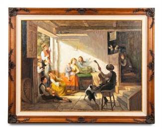 Genre Oil Painting, Musician and Family Interior