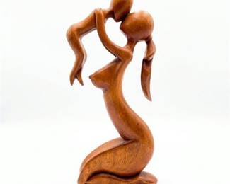 Carved Wood Abstract Embracing Couple Sculpture