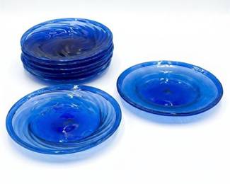 Set of Six Cobalt Blue Swirl Glass Plates