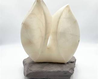 Carved Alabaster Abstract Sculpture on Slate Base