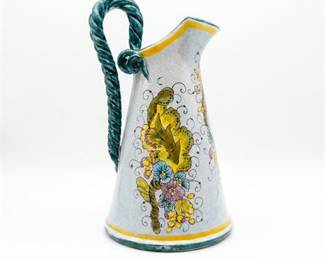 Italian Majolica Floral Pitcher with Rope Handle