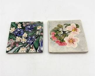 Pair of Hand-Decorated Floral Ceramic Tiles