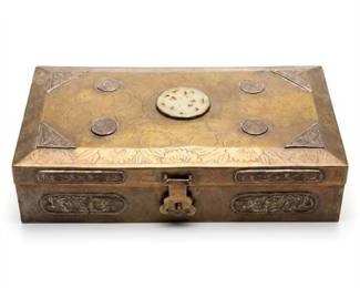 Chinese Brass Box with Carved Jade Medallion and Dragons