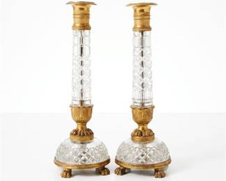 Pair of Empire Cut Crystal and Gilt Bronze Candlesticks
