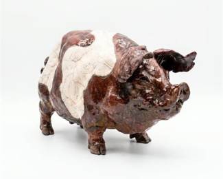 Handcrafted Ceramic Pig Sculpture Styled After A Saddleback Pig